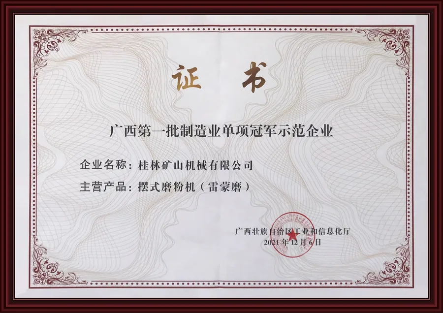 Guangxi manufacturing champion enterprise certificate