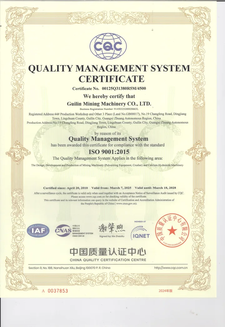 English ISO 9001 quality management system certificate